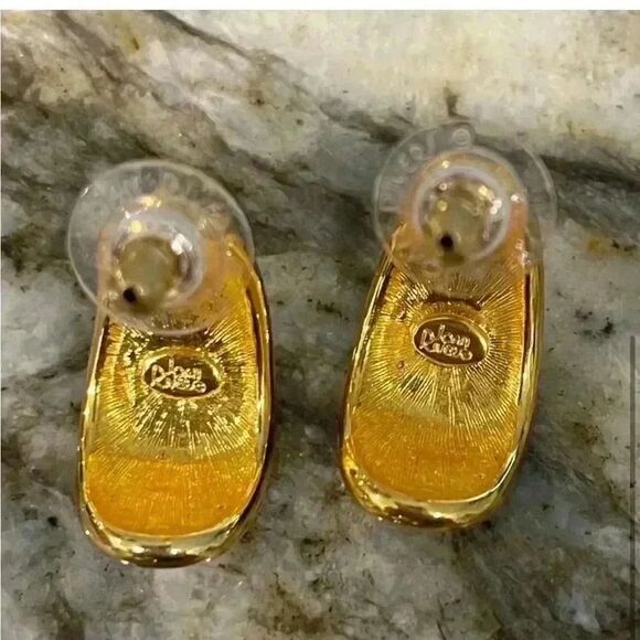 Joan Rivers Signed Gold-Tone Black Enamel Tear Drop Earring Rhinestone Pearl QVC - Picture 2 of 4